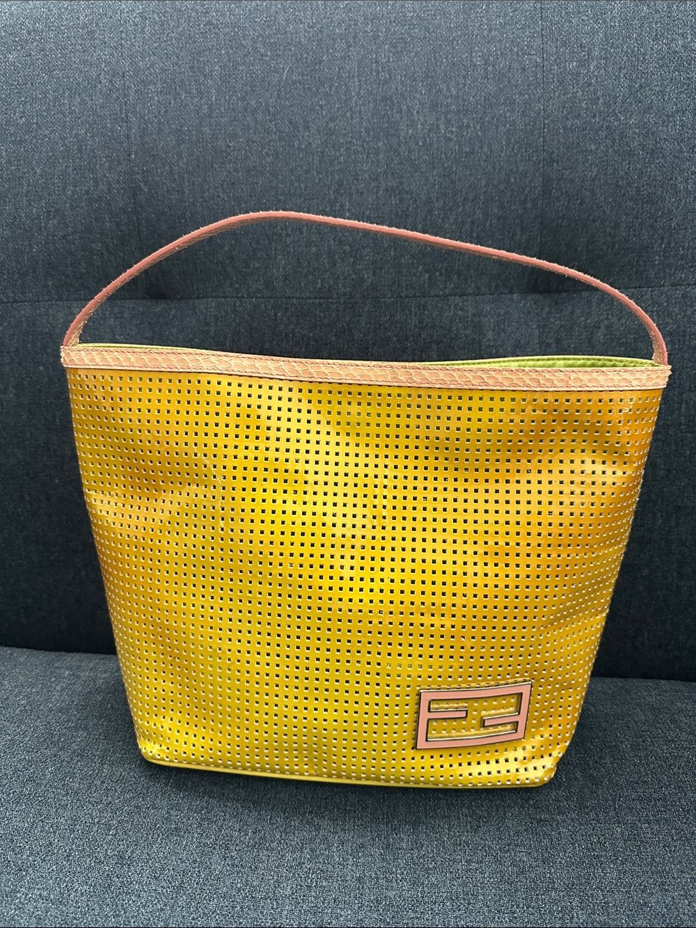 Fendi Authentic Yellow Perforated Leather Shoulder Tote Zucca logo Python trim